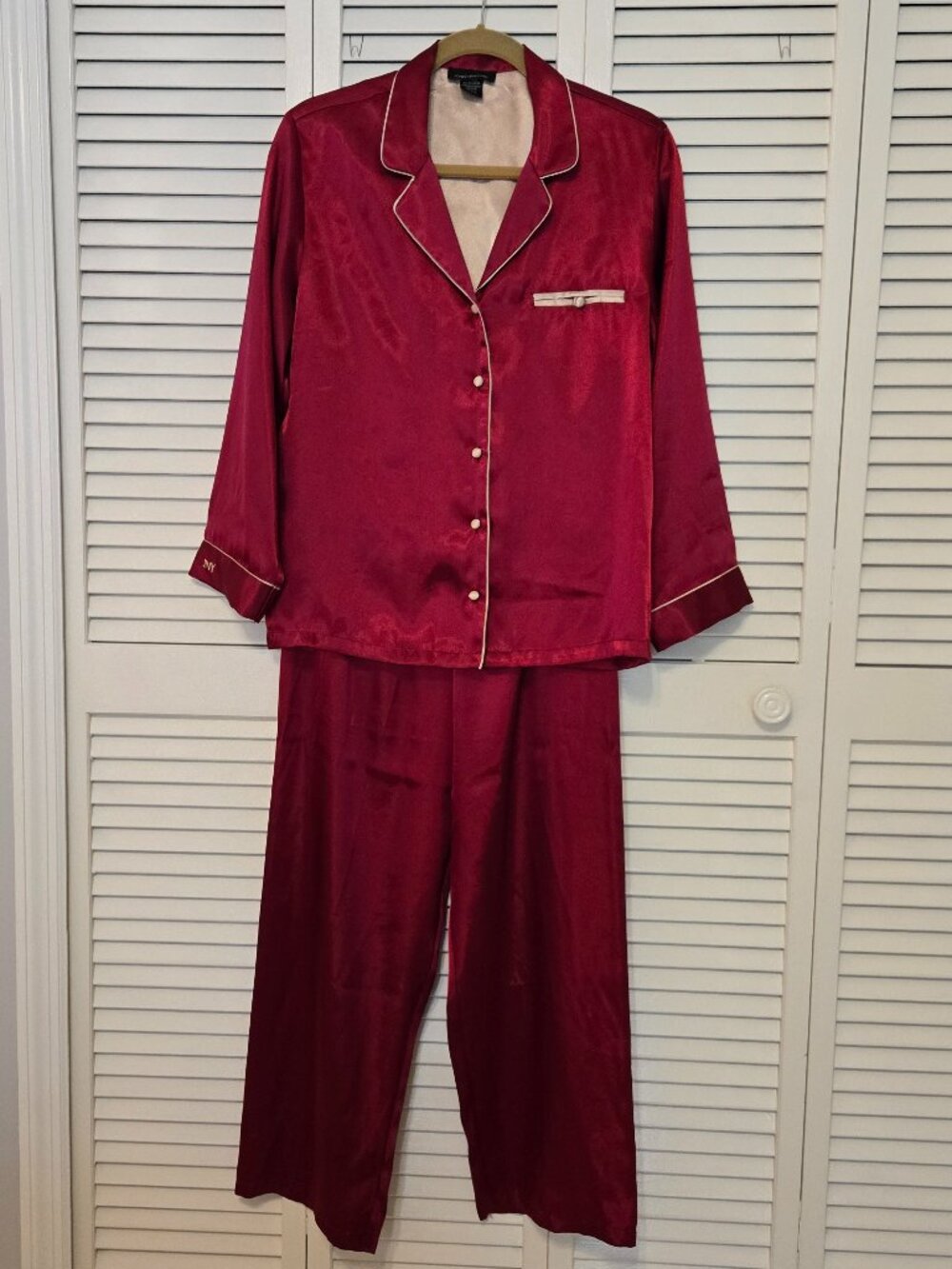 Jones New York Red Satin Pajamas with Gold Satin Trim - Size S